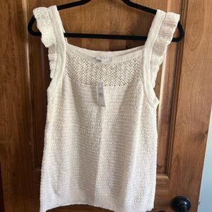 LOFT Cream Textured Knit Tank with Ruffle Straps